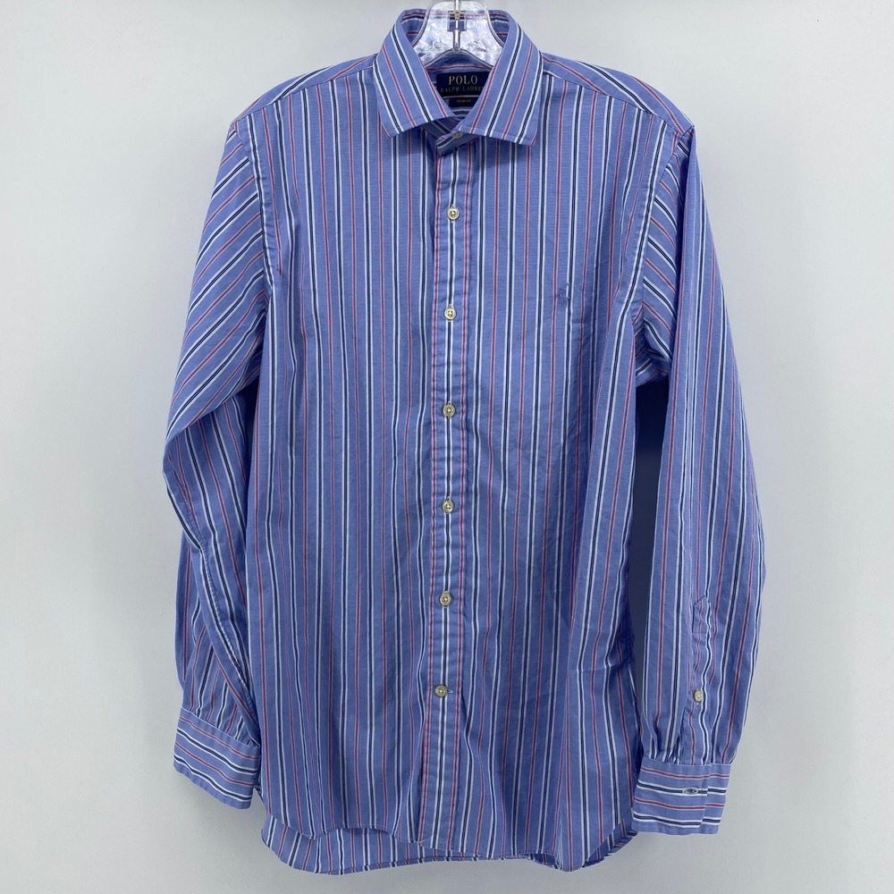 Polo Ralph Lauren Slim Fit Dress Shirt Mens 15.5/39 Blue Red White Striped Pony